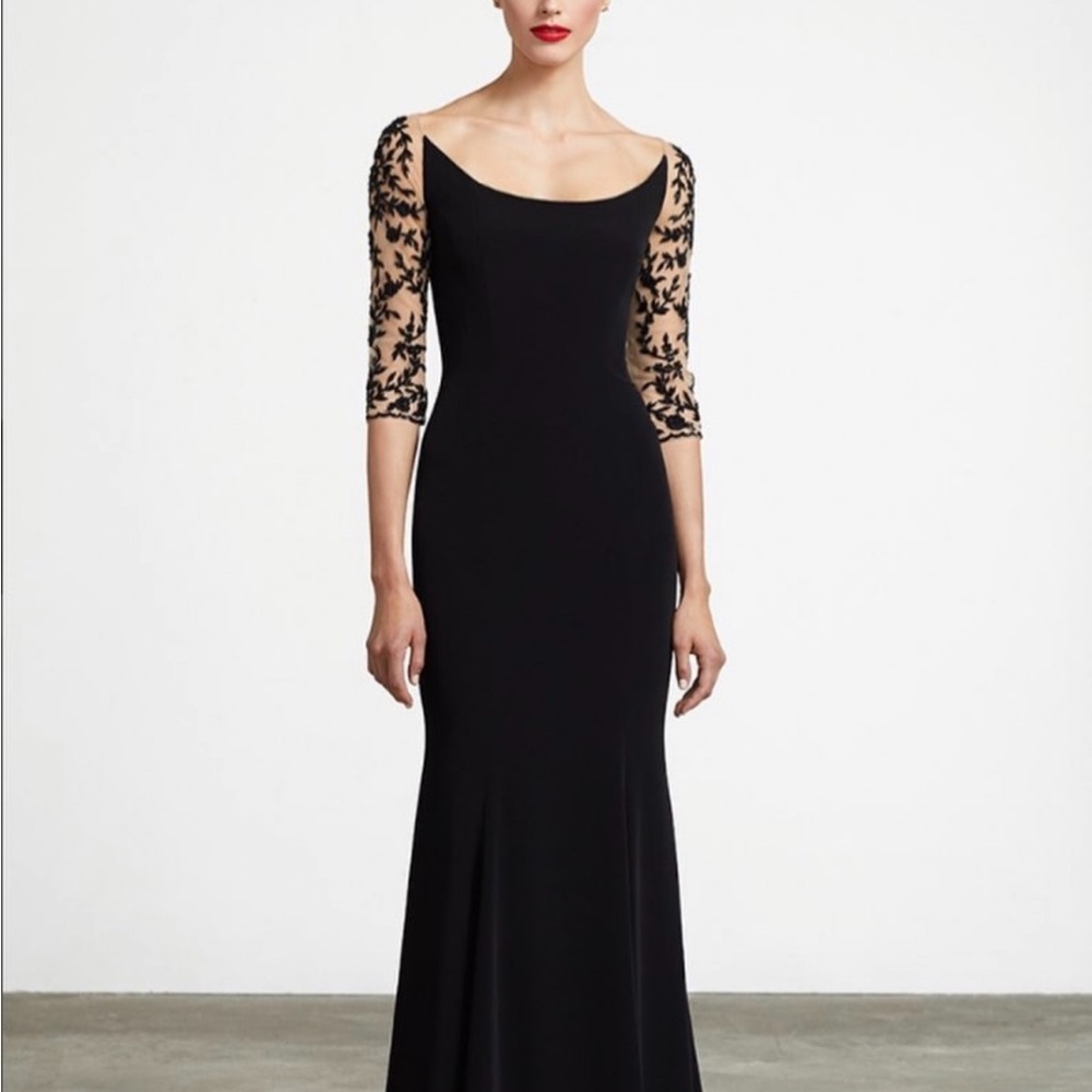 Black Scoop Neck Gown with Cuffed 3/4 Sleeves